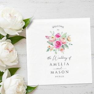Serviette En Papier Mariage aquarelle florale rose chaud