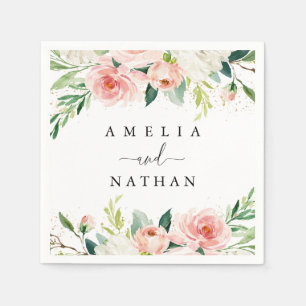 Serviette En Papier Mariage aquarelle poussière d'or pêche florale ros