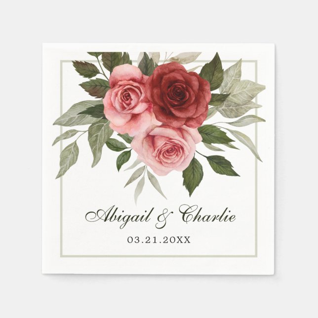 Serviette En Papier Mariage aquarelle romantique roses blanches (Devant)