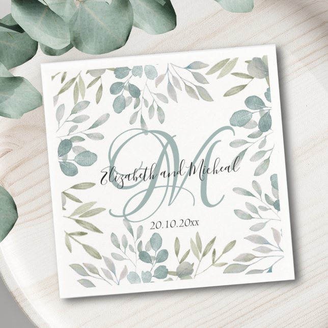 Serviette En Papier Mariage aquarelle vert sauge eucalyptus rustique  (Créateur téléchargé)
