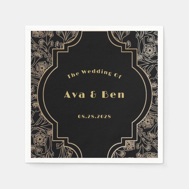 Serviette En Papier Mariage Art Déco Fleurs d'or Noir (Devant)