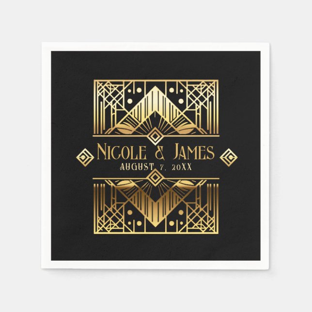 Serviette En Papier Mariage Art déco noir et or (Devant)