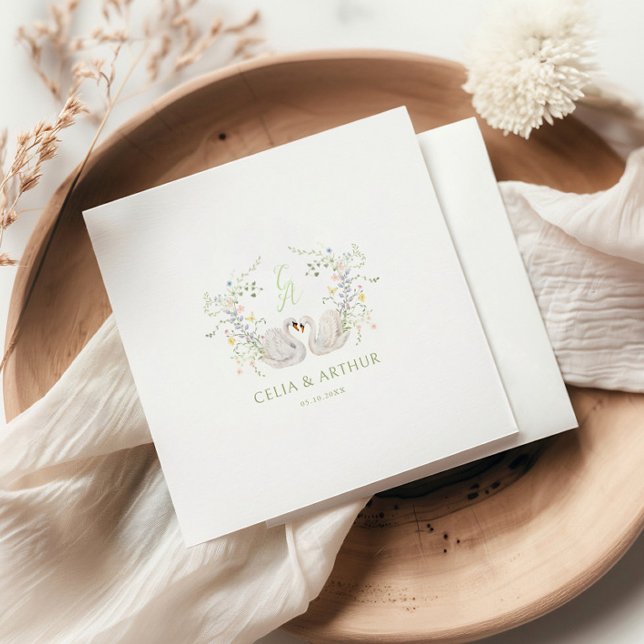 Serviette En Papier Mariage au blason de monogramme floral de cygnes  (Créateur téléchargé)