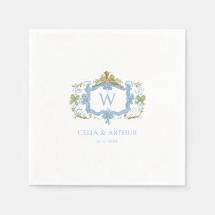 Serviette En Papier Mariage au blason monogramme bleu rococo