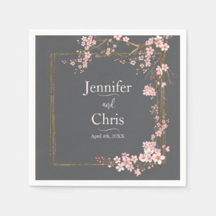 Serviette En Papier Mariage au Charbon et Fleur de Cerisier Rose