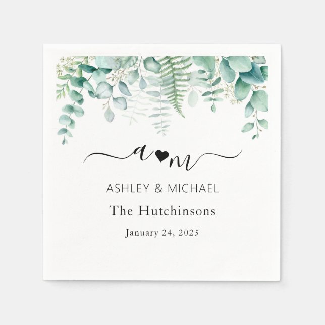 Serviette En Papier Mariage au Eucalyptus Monogramme (Devant)