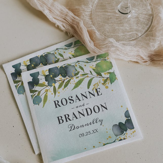 Serviette En Papier Mariage au feuillage d'eucalyptus et à l'or (Créateur téléchargé)