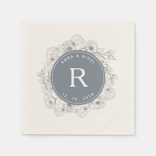 Serviette En Papier Mariage au Monogramme Bleu Poussiéreux (Devant)