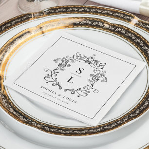 Serviette En Papier Mariage au monogramme de crête baroque élégant