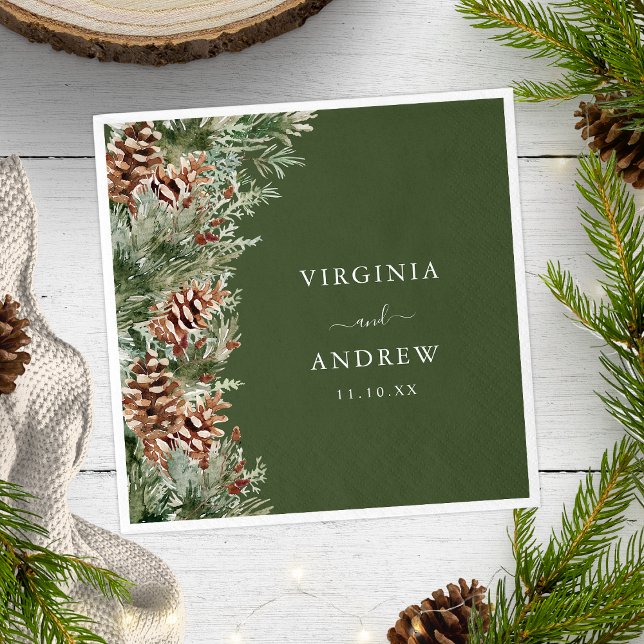 Serviette En Papier Mariage au Pin Vert (Green Pine Evergreen Wedding Napkins by Painted Paperie
)