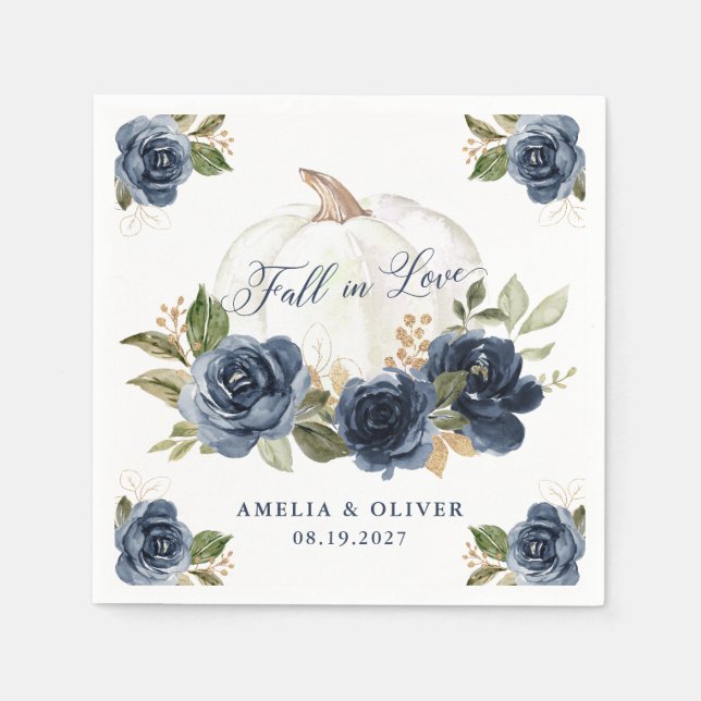 Serviette En Papier Mariage Automnal Fleurs Bleu Marine Citrouille Cou (Devant)