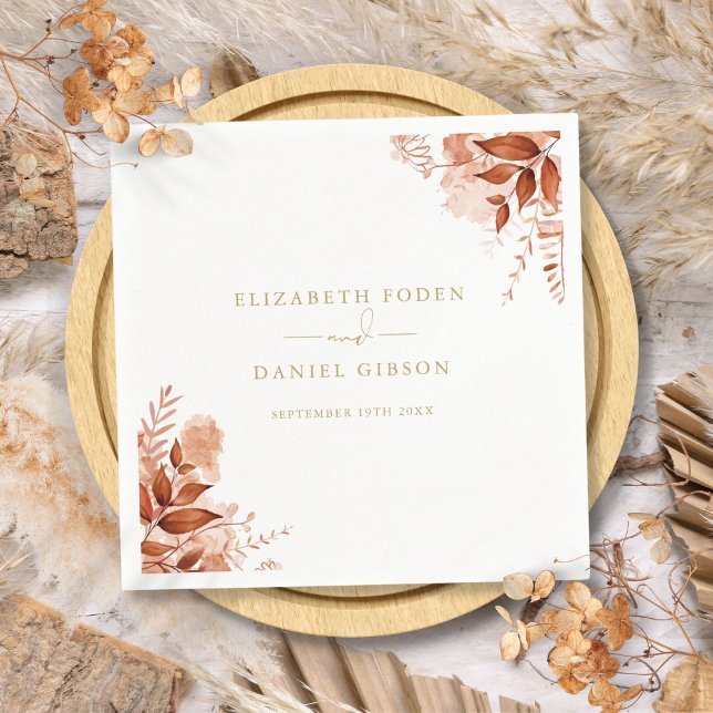 Serviette En Papier Mariage Automne Floral Rustique Or (Rustic Floral Autumn Fall Gold Wedding Napkins)
