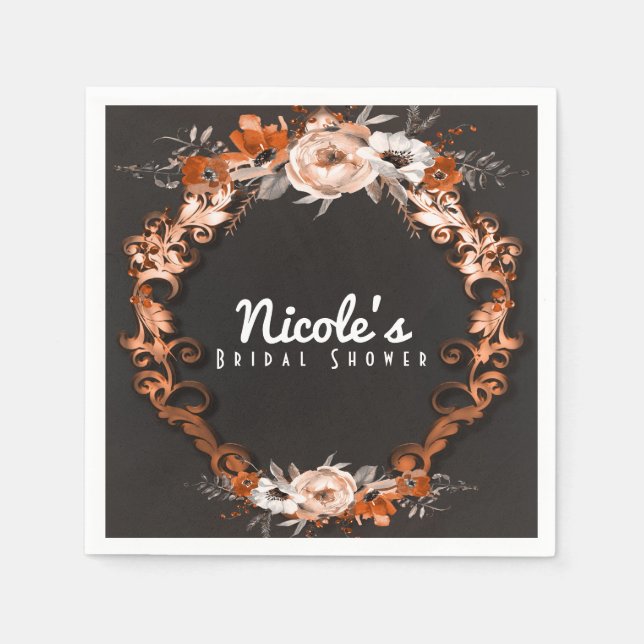 Serviette En Papier Mariage Automne Orange Floral Fleurs Élégant (Devant)