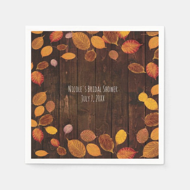 Serviette En Papier Mariage Automne Rustique Feuilles Dorées sur Bois (Devant)
