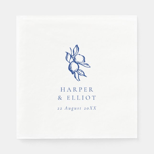 Serviette En Papier Mariage aux citrons bleus gribouillés élégants (Devant)