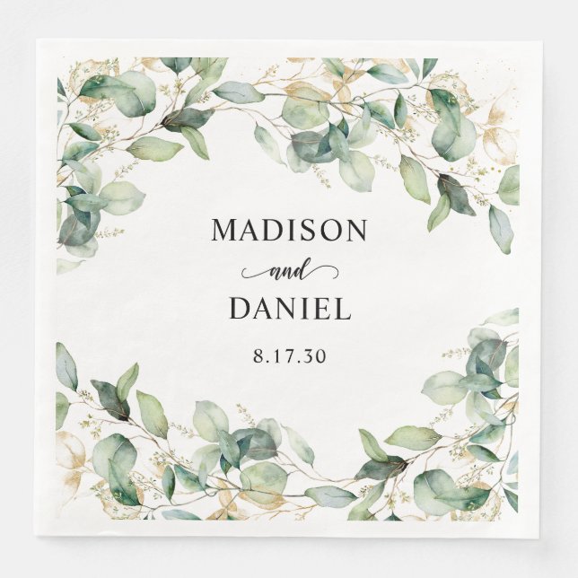 Serviette En Papier Mariage aux feuilles d'eucalyptus dorées (Devant)