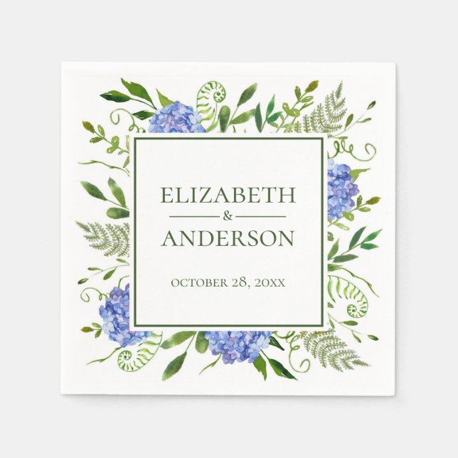 Serviette En Papier Mariage aux Hortensias Bleus (Devant)