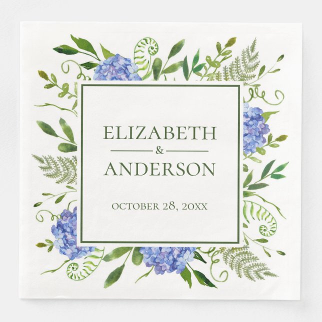 Serviette En Papier Mariage aux Hortensias Bleus (Devant)