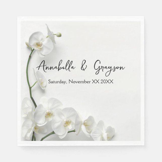 Serviette En Papier Mariage aux Orchidées Blanches Élégantes (Devant)
