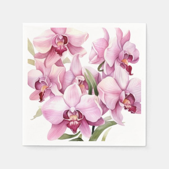 Serviette En Papier Mariage aux Orchidées Roses et Blanches (Devant)