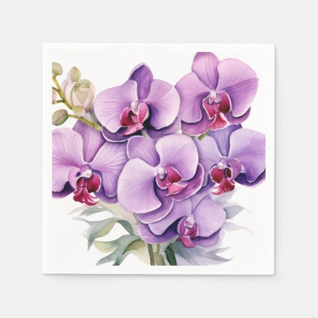 Serviette En Papier Mariage aux Orchidées Violettes et Blanches (Devant)