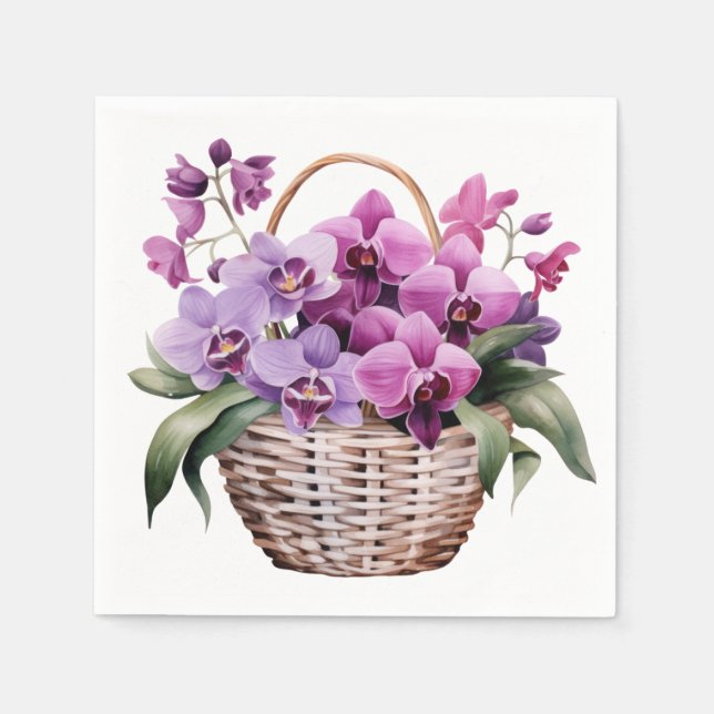 Serviette En Papier Mariage aux Orchidées Violettes et Blanches (Devant)
