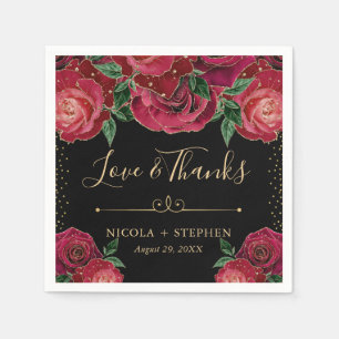 Serviette En Papier Mariage aux Roses Glam Rouge et Or Aquarelle