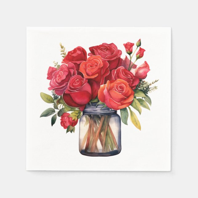 Serviette En Papier Mariage aux Roses Rouges (Devant)