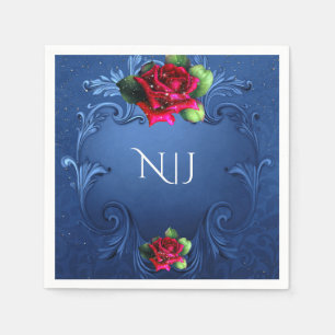 Serviette En Papier Mariage aux Roses Rouges Ornementales Vintage Bleu