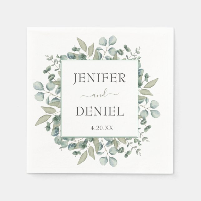 Serviette En Papier Mariage avec verdure d'eucalyptus (Devant)