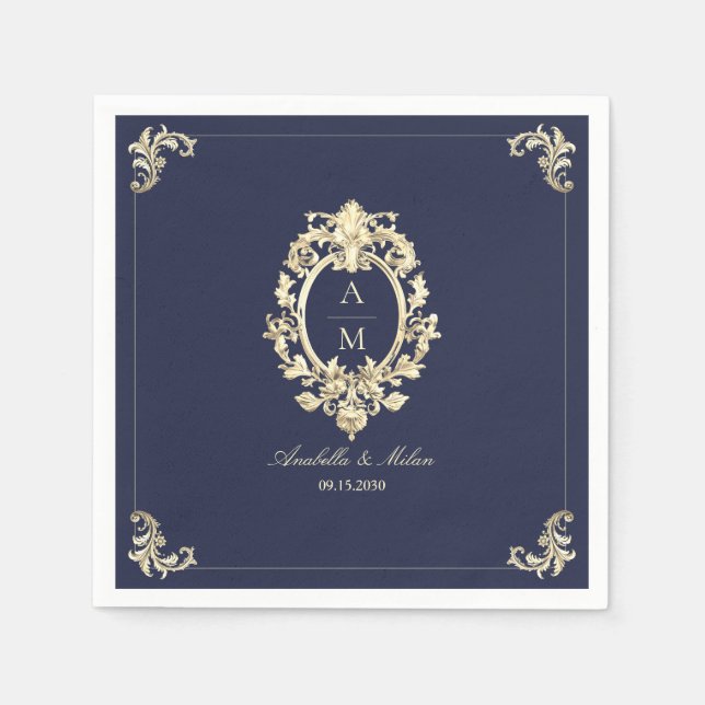 Serviette En Papier Mariage baroque bleu marine (Devant)