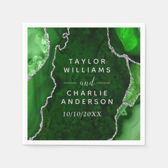 Serviette En Papier Mariage Bille d'Agate Verte et Argentée (Devant)