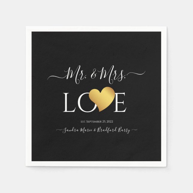 Serviette En Papier Mariage Black Gold Heart Nom du script Mr et Mrs. (Devant)