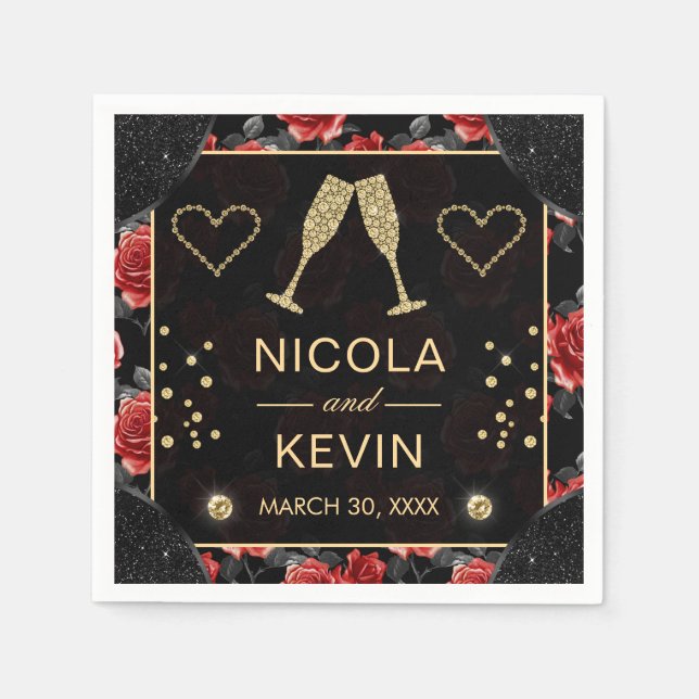 Serviette En Papier Mariage Black & Red Rose Pattern & Diamants Dorés (Devant)