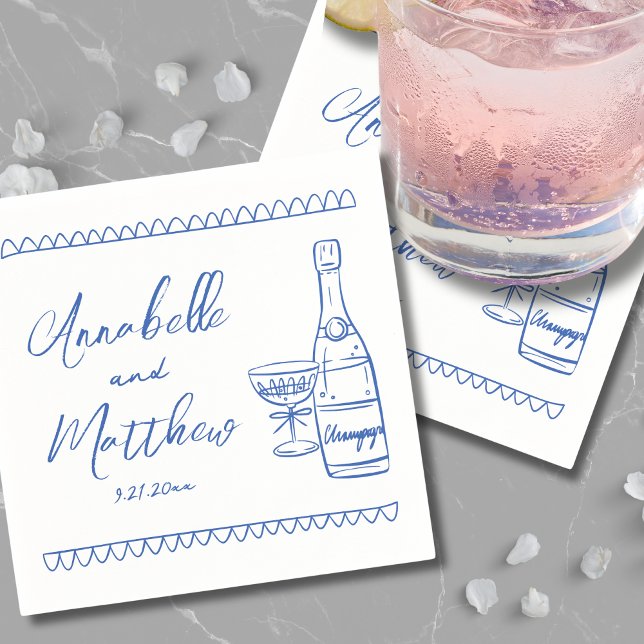 Serviette En Papier Mariage blanc à main (Hand Drawn Whimsical Blue Wedding Napkins)