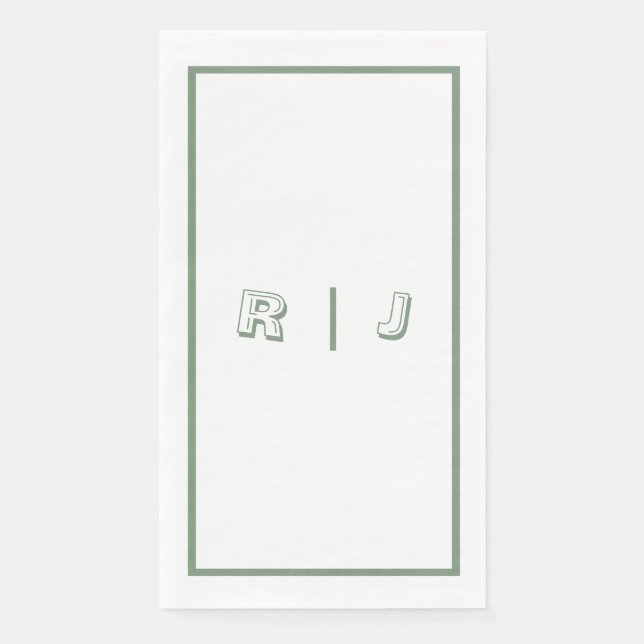 Serviette En Papier Mariage Blanc avec Monogramme Rétro Vert Sauge (Devant)
