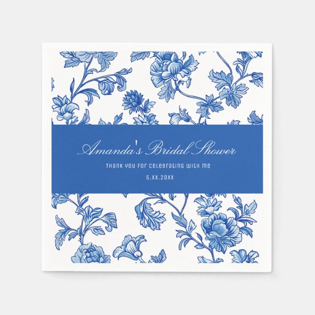 Serviette En Papier Mariage Blanc et Bleu Chinoiserie  (Devant)