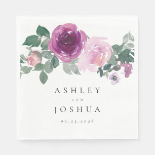 Serviette En Papier Mariage blanc floral aquarelle rose magenta