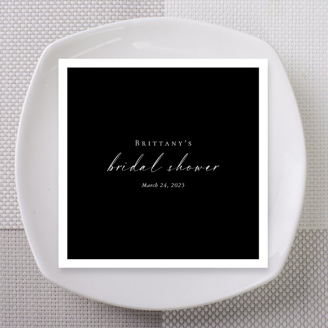 Serviette En Papier Mariage Blanc Noir Script (Black White Script Bridal Shower Napkins with Name and Date)
