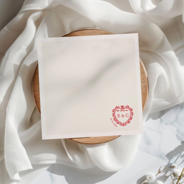 Serviette En Papier Mariage Blason de Monogramme Rouge Romantique Vint (Créateur téléchargé)