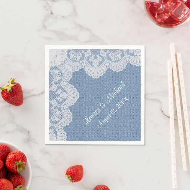 Serviette En Papier Mariage bleu Denim et dentelle (En situation)