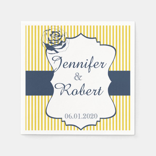 Serviette En Papier Mariage bleu et jaune moderne Napkin (Devant)