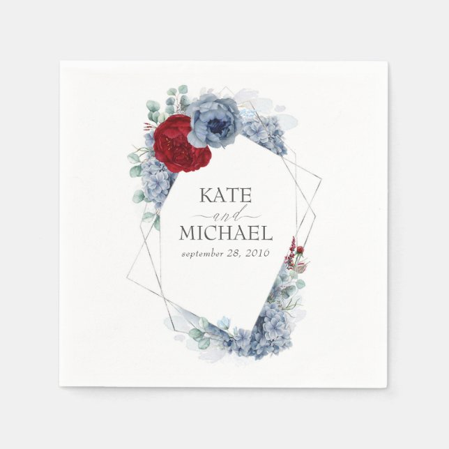 Serviette En Papier Mariage bleu et rouge bordeaux (Devant)