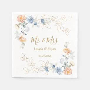Serviette En Papier Mariage bleu floral brun