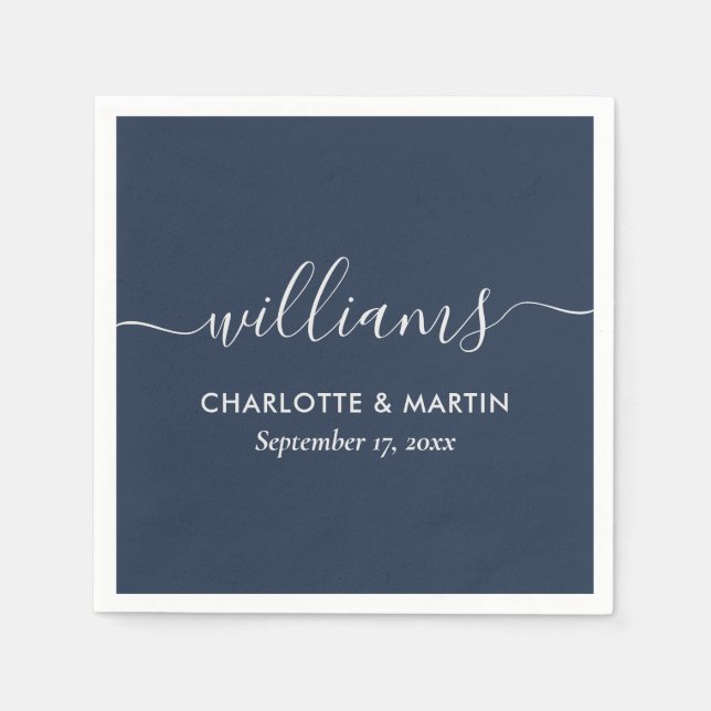 Serviette En Papier Mariage bleu marine moderne et argent (Devant)