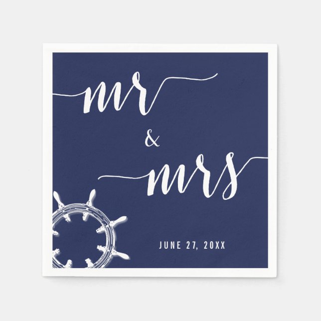 Serviette En Papier Mariage Bleu Marine Nautique Avec Roue (Devant)