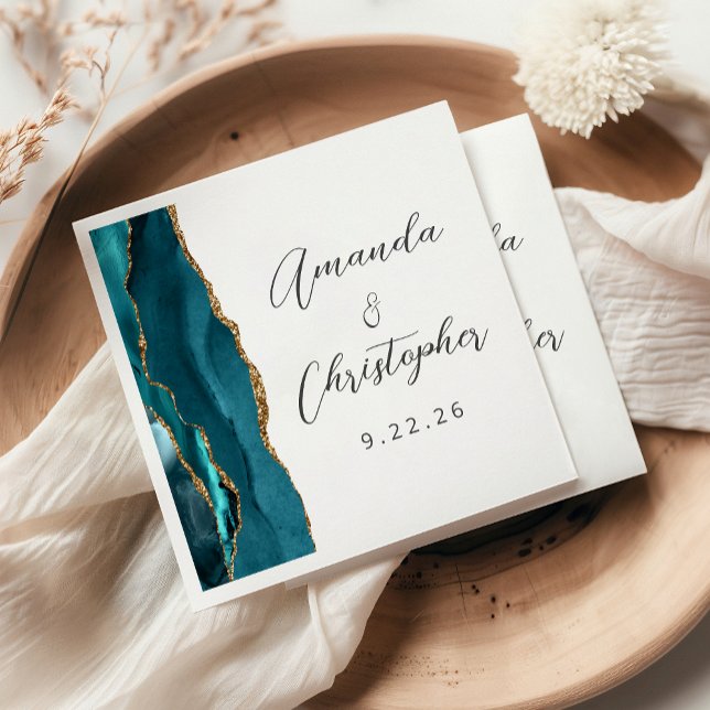 Serviette En Papier Mariage bleu sarcelle agate or écriture (Créateur téléchargé)