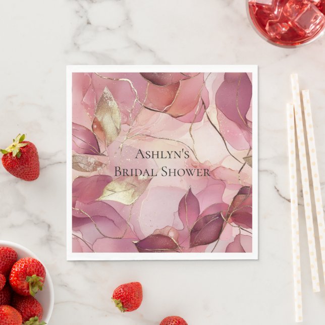 Serviette En Papier Mariage Blush Rose Feuilles Dorées (En situation)