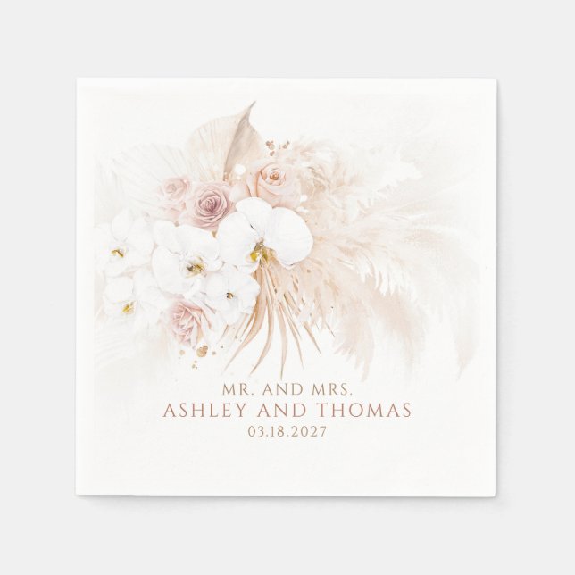 Serviette En Papier Mariage Bohème Botanique Orchidées Blanches Herbe  (Devant)