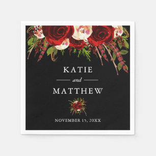 Serviette En Papier Mariage Bohème Floral Bourgogne Noir